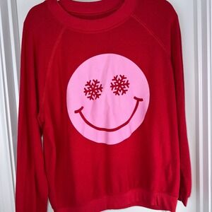 Buddy Love Red Smiley Face Snowflake Eyes Long Sleeve Crewneck Sweater